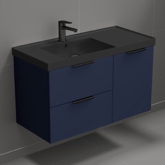 Bathroom Vanity Blue Bathroom Vanity With Black Sink, Floating, 36